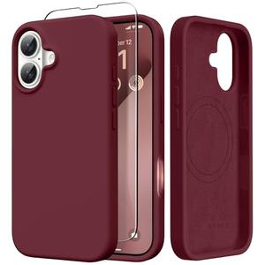 GONEZ Magnetic for iPhone 17 Case, [Compatible with MagSafe] Anti-Scratch Microfiber Lining & Screen Protector, Silicone Camera Control, Shockproof Slim Phone Cover 6.3 inch, Maroon, Beige