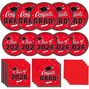 Gatherfun Graduation decorations 2026 Graduation Plates and Napkins Red Disposable Paper Plates Luncheon Napkins Cocktail Napkins for Congrats Grad Party Decorations, Serve 50