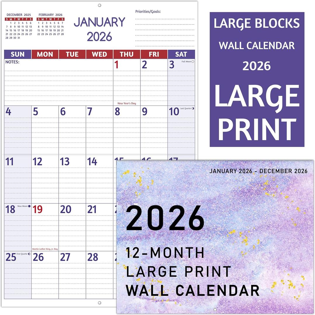 2026 Wall Calendar - Large Print Calendar 2026, 12 Monthly Calendar, Jan. 2026 - Dec. 2026, 14.6 x 22.8 In (Open), 2026 Calendar with Big Numbers, Large Grid, Notes, Moon Phases, Great for Planning