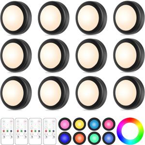 Yiliaw 12 Pack LED Puck Lights Remote Control 16 Color Changeable Under Cabinet Lights, Battery Operated Lights Night Light with Dimmer & Timmer for Closet Bedroom Kitchen, Black