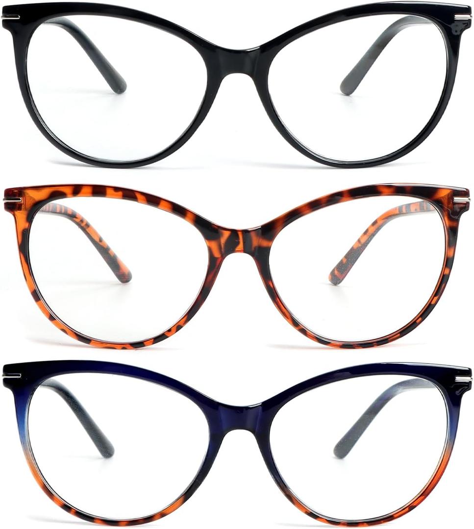 KoKoBin Reading Glasses for Women 3 Pairs Cat Eye Oversized Spring Hinge Fashion Readers (Black&blue&tortoise)