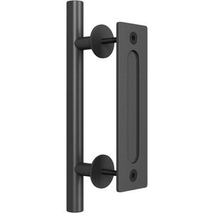 SMARTSTANDARD 12" Heavy Duty Sliding Barn Door Handle, Pull and Flush Hardware Set, Black Powder Coated Finish, Large Rustic Two-Side Design, Round