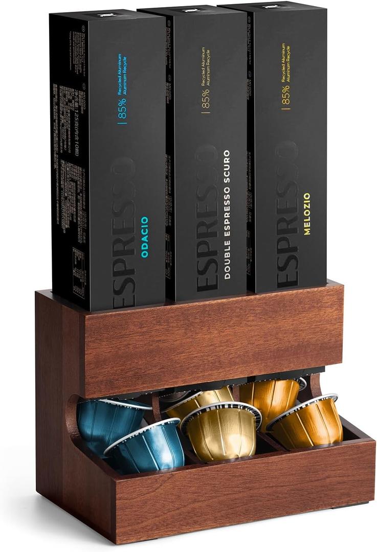 Wood Pod Dispenser Designed for Nespresso Vertuo Capsules, Freestanding Countertop Pods Rack, Coffee Pods Holder for Home or Office Kitchen Counter, Dispenses 3 Coffee Flavors (Brown)
