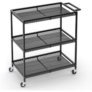 3 Tier Rolling Utility Kitchen Cart, Heavy Duty Wire Rolling Cart on Wheels, Commercial Metal Serving Carts with Handle, Kitchen Island Plant Shelf Food Storage Trolley for Laundry, Office, Garage