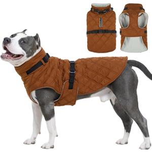 Kuoser Dog Coat Warm Fleece Lining Turtleneck Dog Jacket with Harness Built-in, Adjustable Windproof Cold Weather Coats with Quick Release Buckle Pet Winter Snowsuit for Extra Large Dogs, Khaki 2XL