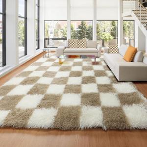 KICMOR Area Rugs 8x10 for Living Room, Large Fluffy Beige and Cream White Checkered Rug Big Fuzzy Shag Shaggy Carpets for Bedroom, Soft Plush Furry Rug for Boy Girls Room Dorm Home Decor Aesthetic