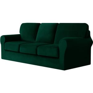UNBBRRL 7 Pieces Couch Covers for Sofa, Replacement Ektorp Sofa Cover 3 Seat with 1 Main Cover/3 Seat Cushion Covers/3 Backrest Covers, Stretch Velvet Settee Cover 3 Seater (Dark Green,3 Seater)