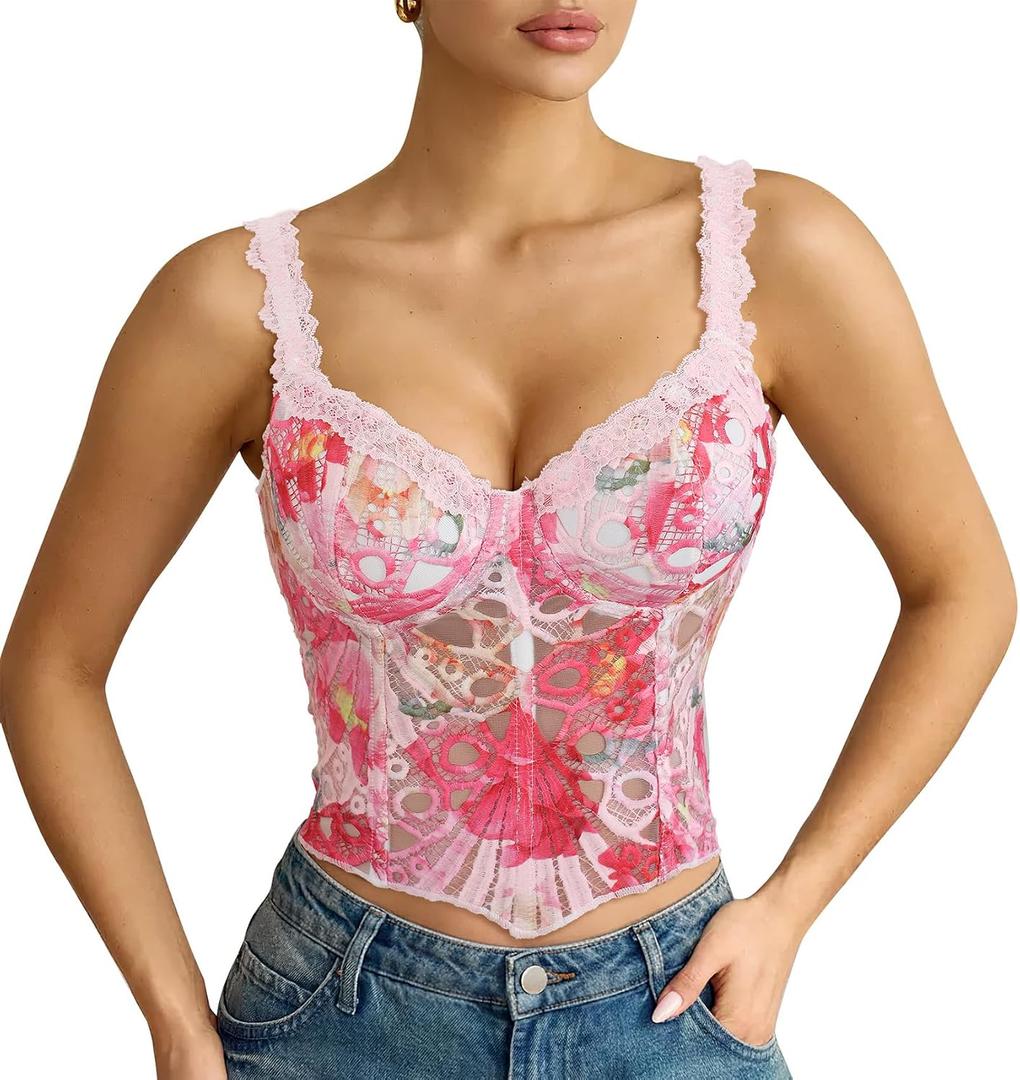 LEACOOLKEY Lace Corset Top for Women Sexy Sheer Floral Bustier Going Out Lace-up Bralette Club Party Concert Crop Top (Pink, M)