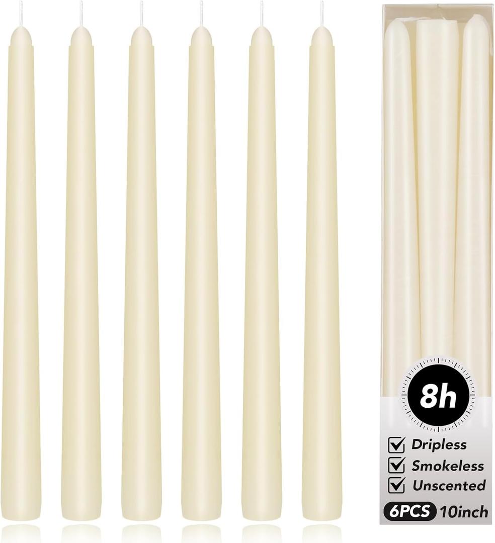 KORCCI Ivory Taper Candles 10 Inch - Set of 6 Long Candles, 8 Hours Long Burning, Smokeless & Unscented & Dripless, for Christmas Holiday Dcor, Weddings, Birthdays, Dinner, Rituals (Ivory)