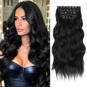 Vigorous Clip in Hair Extensions 6Pcs Black Long Wavy Hairpieces 20Inch Hair Extensions Clip Ins Soft Synthetic Hairpieces for Women (Black)