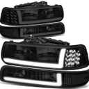 Auto Dynasty 4PCS LED DRL Headlights Assembly and Bumper Lamps Compatible with Chevy Silverado Suburban 1500 2500 3500 Tahoe 99-06, Driver and Passenger Side, Smoked Lens Clear Corner