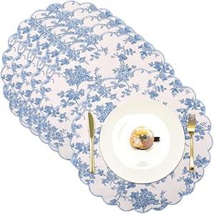 Gandeer Set of 6 Round Placemats 15 Inch Cotton Linen Scalloped Embroidery Placemats Washable Double Layered Rustic Dinner Table Mats Decor Fabric for Hotel Restaurant Kitchen (Floral/ Blue)