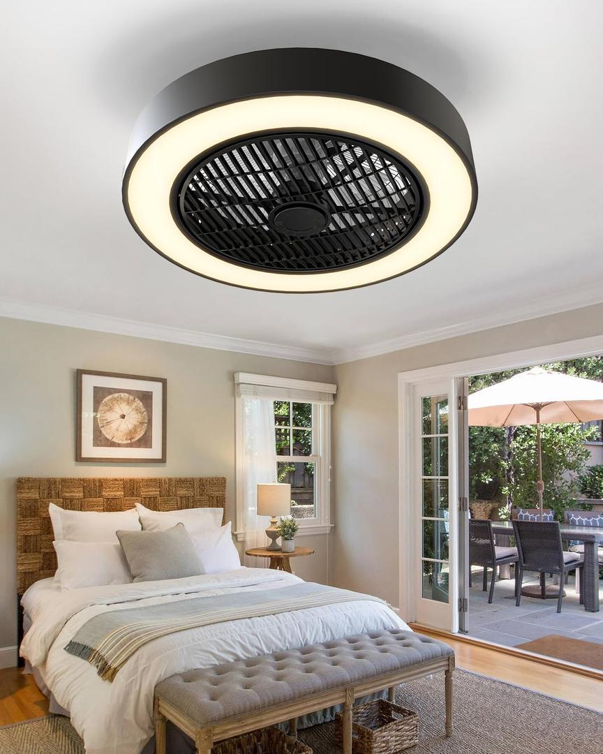 Enclosed Ceiling Fan with Lights, 20" Low Profile Fan Light LED Remote Control Dimming 6-Level Wind Speed, Flush Mount Ceiling Light with Fan Reversible Blades Hidden Ceiling Fan (Black)
