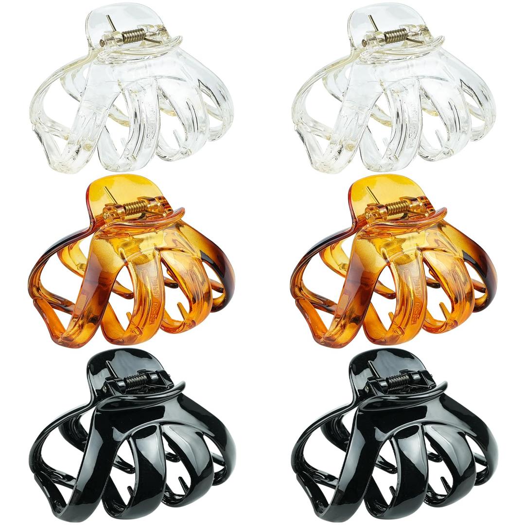 MAORULU Big Claw Hair Clips for Women and Girls, Strong Hold, 6 Packs (Black, Clear, Tortoise)