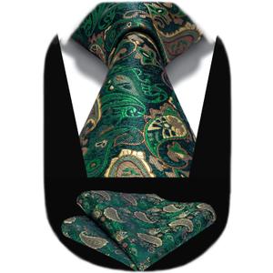 HISDERN Ties for Men Paisley Tie and Pocket Square Woven Classic Floral Mens Ties Handkerchief Set Wedding Party Necktie (B3-green)