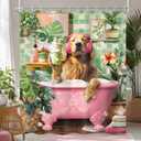 Riyidecor Funny Dog Shower Curtain,Kids Cute Fun Pet in Bathtub,Tropical Leaves Palm Leaf Plant Greenery Hilarious Bubbles Bathroom Decor Fabric Polyester Waterproof 12 Pack Hooks 60Wx72H Inch