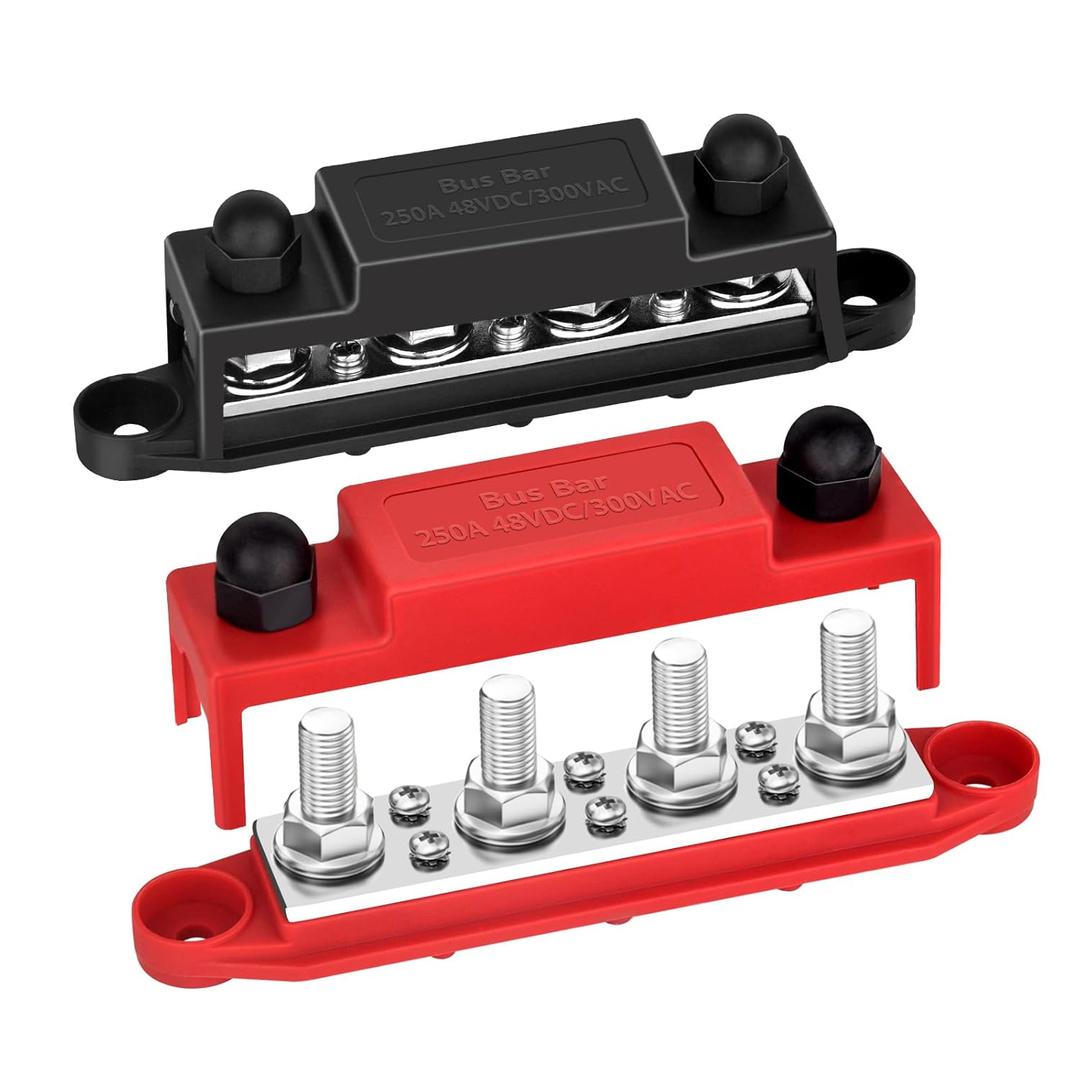 Power Distribution Block 12V 250A Bus Bar 4 x 5/16" Stud Marine, 6 x #8 Screws Terminals Block (Pair - Red & Black)