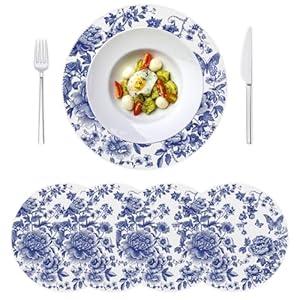 Blue Floral Round Placemats, Heat Resistant Placemats Set of 4, Washable Oriental Aesthetics Placemats for Party Decoration, Dining, Christmas, Wedding, Artworks on The Dining Table, 15.35 Inch