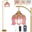 ILLMTW Pink Floor Lamp for Living Room,Bedroom,Glass Mid Century Modern Standing Lamp with Remote,Dimmable Gold Brass Tall Lamp Tulip Flower Arc Floor Light Boho Bohemian