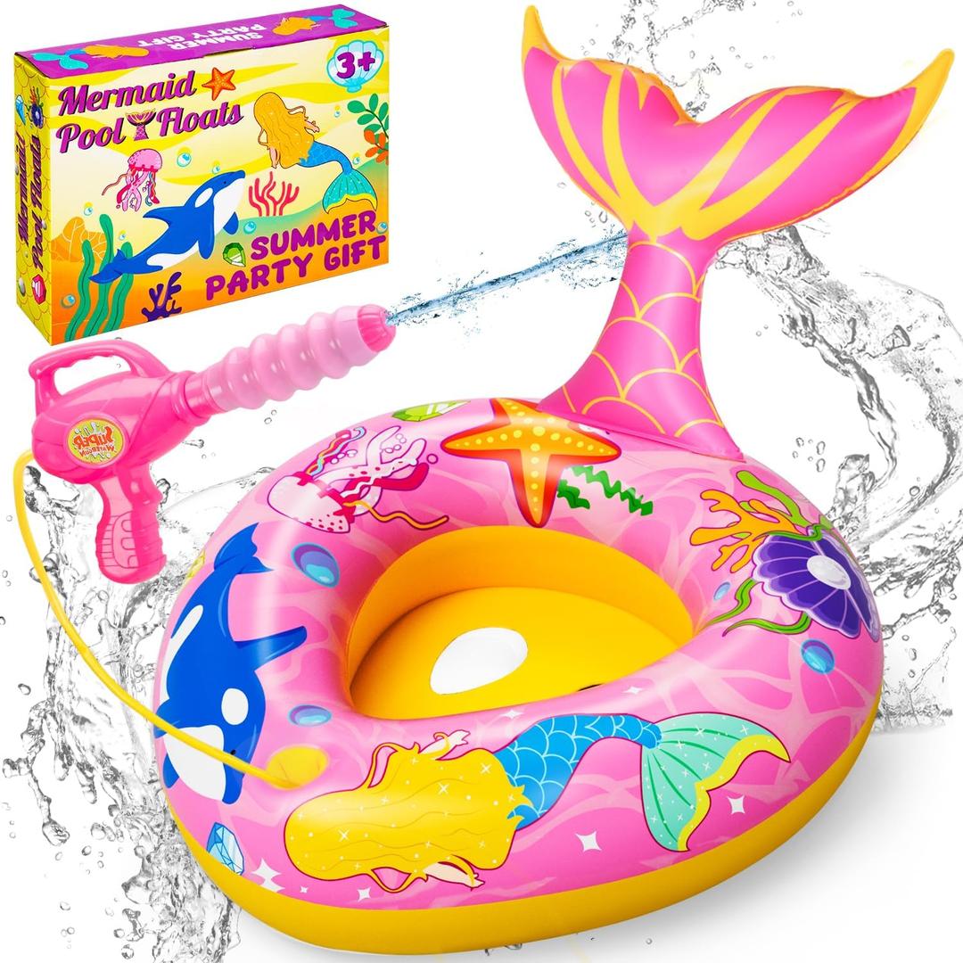 Pool Floats Kids with Water Gun Inflatable Pool Floats for Kids Ages 3-8 Outdoor Games Water Toys Summer Swimming Fun for Boys Girls (Pink Mermaid)