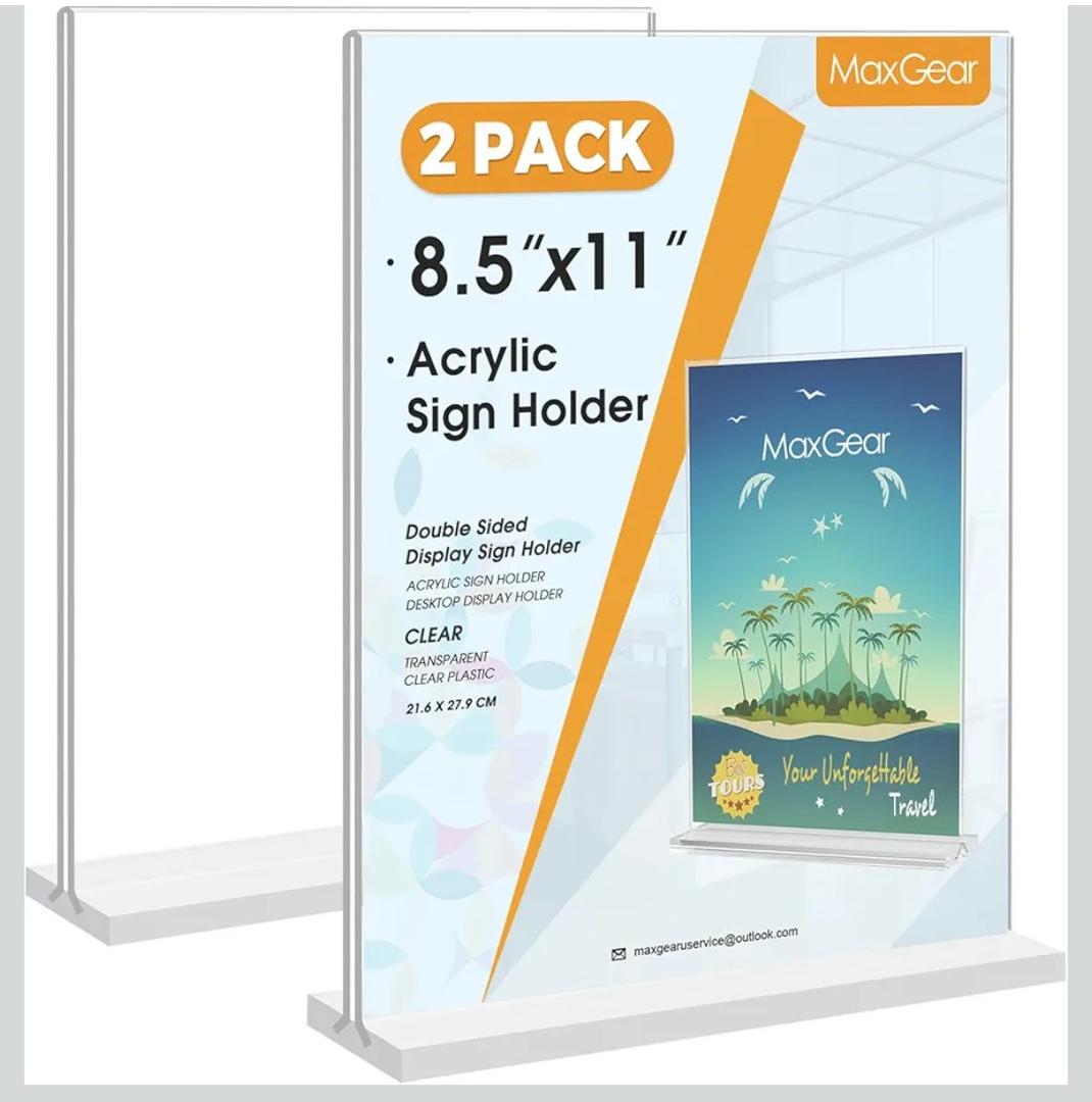 MaxGear Acrylic Sign Holder 8.5x11 Inches 2 Pack, Double Sided Clear Display Stand Table Top Paper Holder, Vertical Menu Flyer Stand, Plastic Frame for Stores, Restaurants, Hotels, Offices