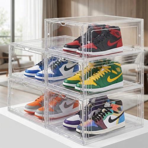 GUDEMAY Clear Shoe Storage Boxes Stackable – Acrylic Shoe Box Organizer with Drop Front, Thicken & Sturdy Shoe Boxes for Kids Shoe Storage, Assemble Shoe Drawer Organizer, 5 Pack