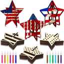 Honoson 36pcs Patriotic Crafts Set to Paint 24 Labor Day 3D Wood Stars Cutouts with 12 Colored Pens DIY Unfinished Slices Independence Day Party Decor Veterans Tray Cutout Ornament