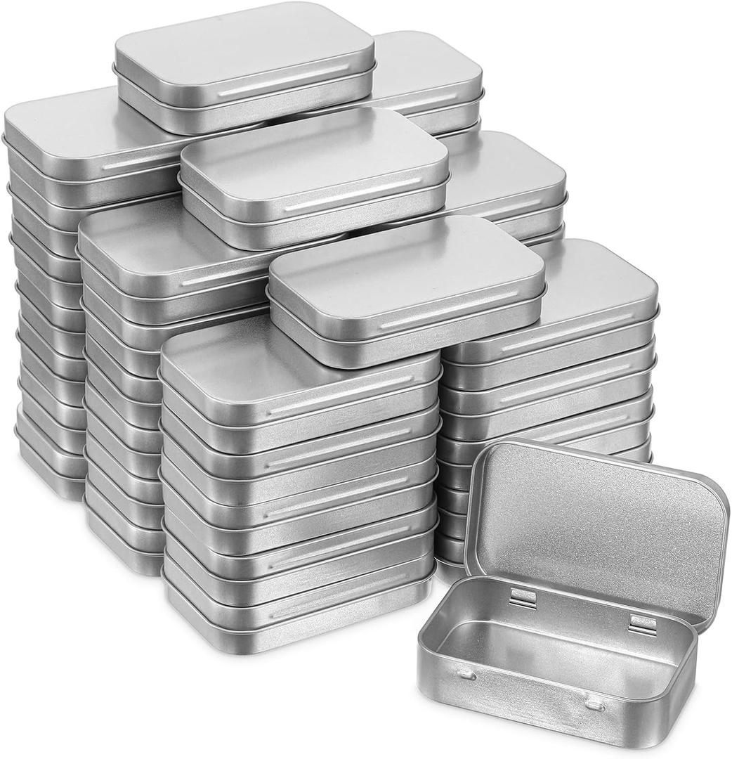 50 Pcs Small Metal Box with Lid 3.7x2.4x0.8 Inch Metal Rectangular Empty Hinged Tins Silver Mini Portable Box Containers Small Empty Storage Tins for Storage Drawing Pin Candies Jewelry Crafts