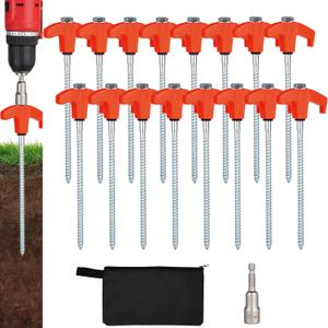16 Pack Screw in Tent Stakes Heavy Duty,8 Inch Ground Anchors Screw in,Metal Stakes with Hex Head Driver,Camping Tent Accessories (Orange)
