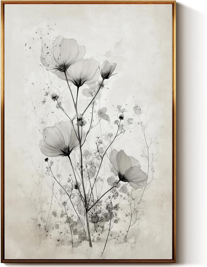 WHASAYART Large Framed Floral Wall Art 24x36 Inch, Elegant Modern Black and White Flower Painting Canvas Print, Minimalist Botanical Artwork Living Room Bedroom Contemporary Home Decor