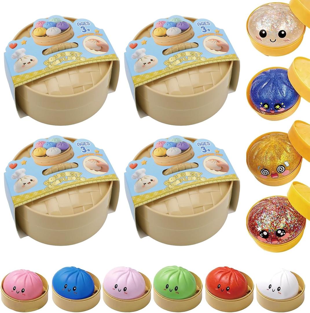 Dumpling Squishy Mystery Box, Glitter Dumpling, Dumplings Style Stress Balls for Adults and Kids, Cute Steamer Basket Design with Squeezable Bun Stress Relief Fidget Toys (4 PCS)