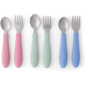 Elk and Friends Kids Silverware with Silicone Handle | Childrens Safe Flatware | Toddler Utensils | Baby Spoons + Forks | Stainless Steel Cutlery | Dishwasher Safe | 6 Pieces (Blush/Sage/MistyBlue)