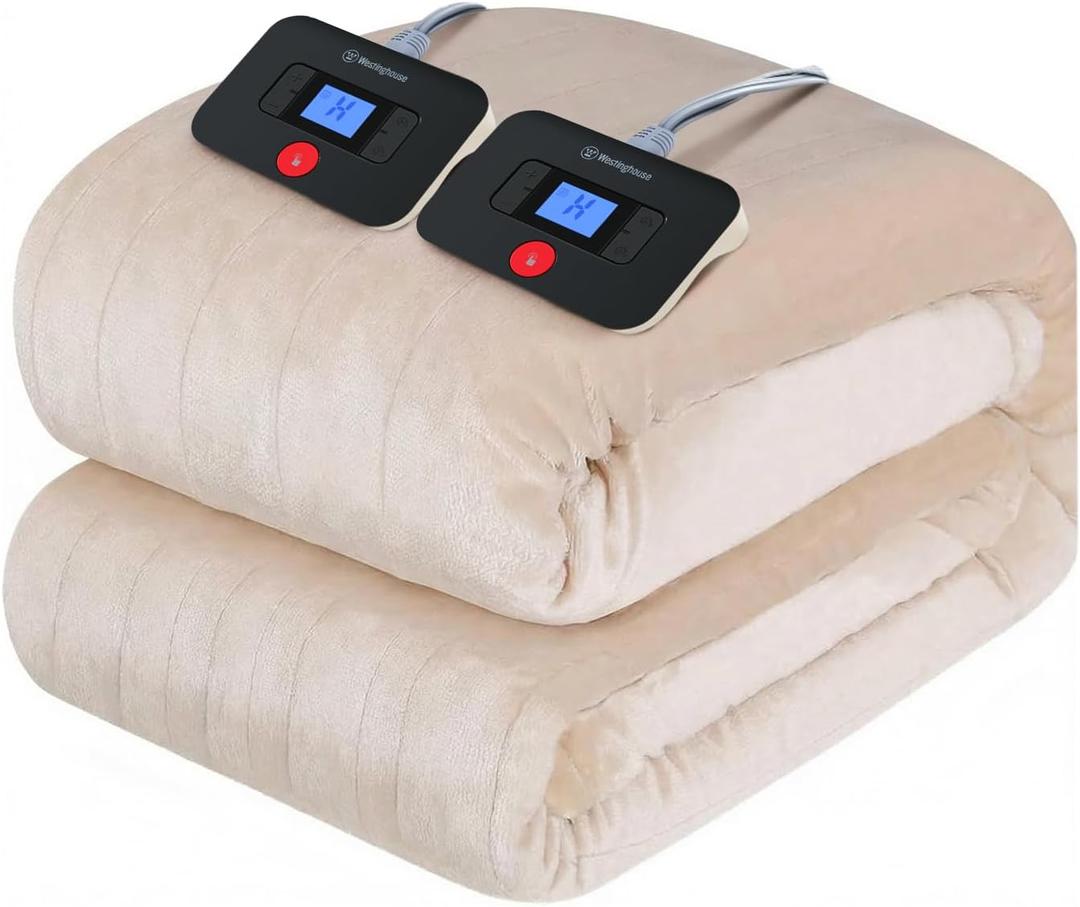 Westinghouse Electric Blanket King Size, Super Cozy Soft Flannel 100"" x 90"" Heated Blanket with 10 Fast Heating Levels & 1-12 Auto-Off, Machine Washable, ETL&FCC Certification, Beige