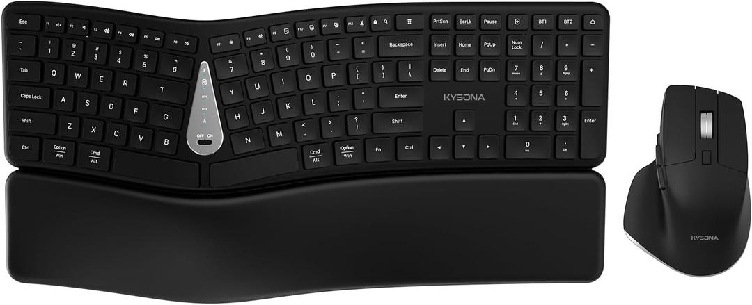 KYSONA Ergonomic Keyboard Mouse Wireless Combo, Full Size Bluetooth Split Keyboard with Wrist Rest, 4 Level DPI Ergo Mouse for Windows Mac OS Computer, Black