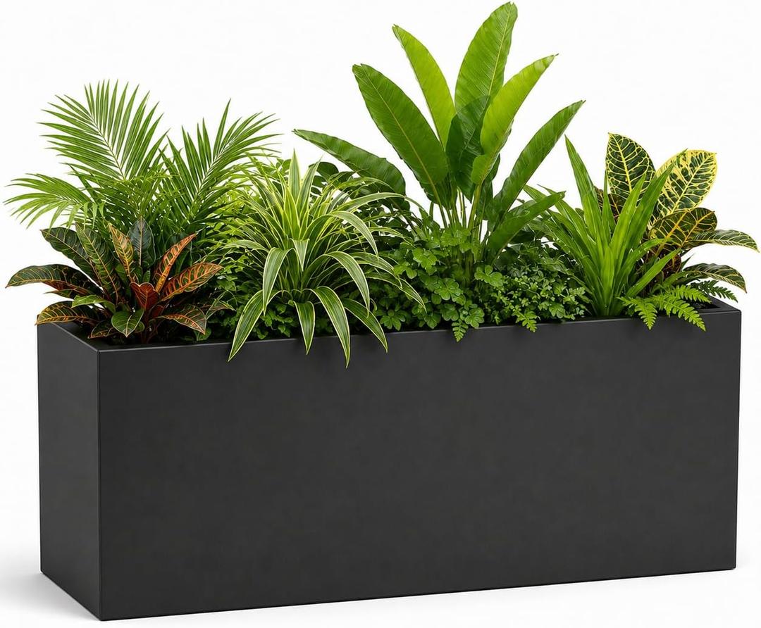36" Large Rectangular Metal Planter Box for Outdoor Plants, Modern Black, 36" 12" 16"