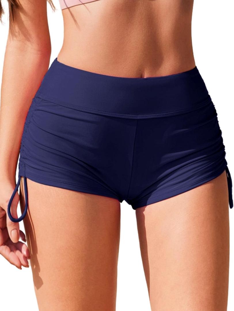AI'MAGE Womens 3" Swim Board Shorts High Waisted Bathing Suit Bottoms Boy Shorts Adjustable Ruched Side Bikini Shorts S-XXL (Navy Blue)