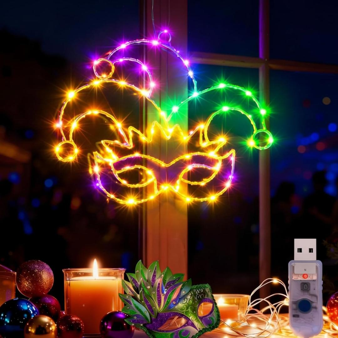 Baquler Mardi Gras Window Lights 13.5 Inch Mardi Gras Window Decorations Jester Mask Hanging Light up USB Powered with Timer and 8 Lighting Modes for Home Wall Indoor Outdoor Decor