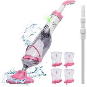 Pool Vacuum for Above Ground Pool with a Telescopic Pole, Running time up to 1H, T403 Handheld Rechargeable Pool Cleaner with Powerful Suction up to 18.5 gallons/min, Ideal for Leaves, Debris (Pink)