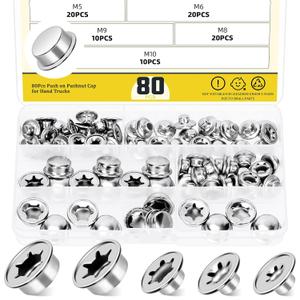 80Pcs Push on Pushnut Cap Stud 3/16", 1/4", 5/16", 3/8", 2/5" Axle Pushnut Caps Axle Cap Nut with Mechanical Zinc Plating, Permanent Washer Caps for Hand Trucks, Lawn Wagons, Rolling Bins