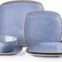 AmorArc Ceramic Dinnerware Sets for 4, 12 Pieces Square Handpainted Plates and Bowls Set, Chip and Scratch Resistant Stoneware Dishes Set, Dishwasher & Microwave Safe, Reactive Blue
