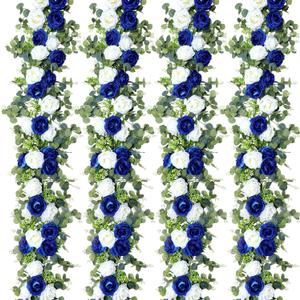 Riceshoot 4 Pack 26 ft Artificial Eucalyptus Vines Garland with Flowers Fake Floral Flower Garland Rose Wreath for Wedding Party Arch Table Decor Backdrop Decorations (Blue and White)