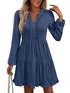ANRABESS Womens Long Sleeve Dress 2025 Fall Casual V Neck Tiered Flowy Swing Short Mini Dresses Beach Travel Vacation Outfits Small