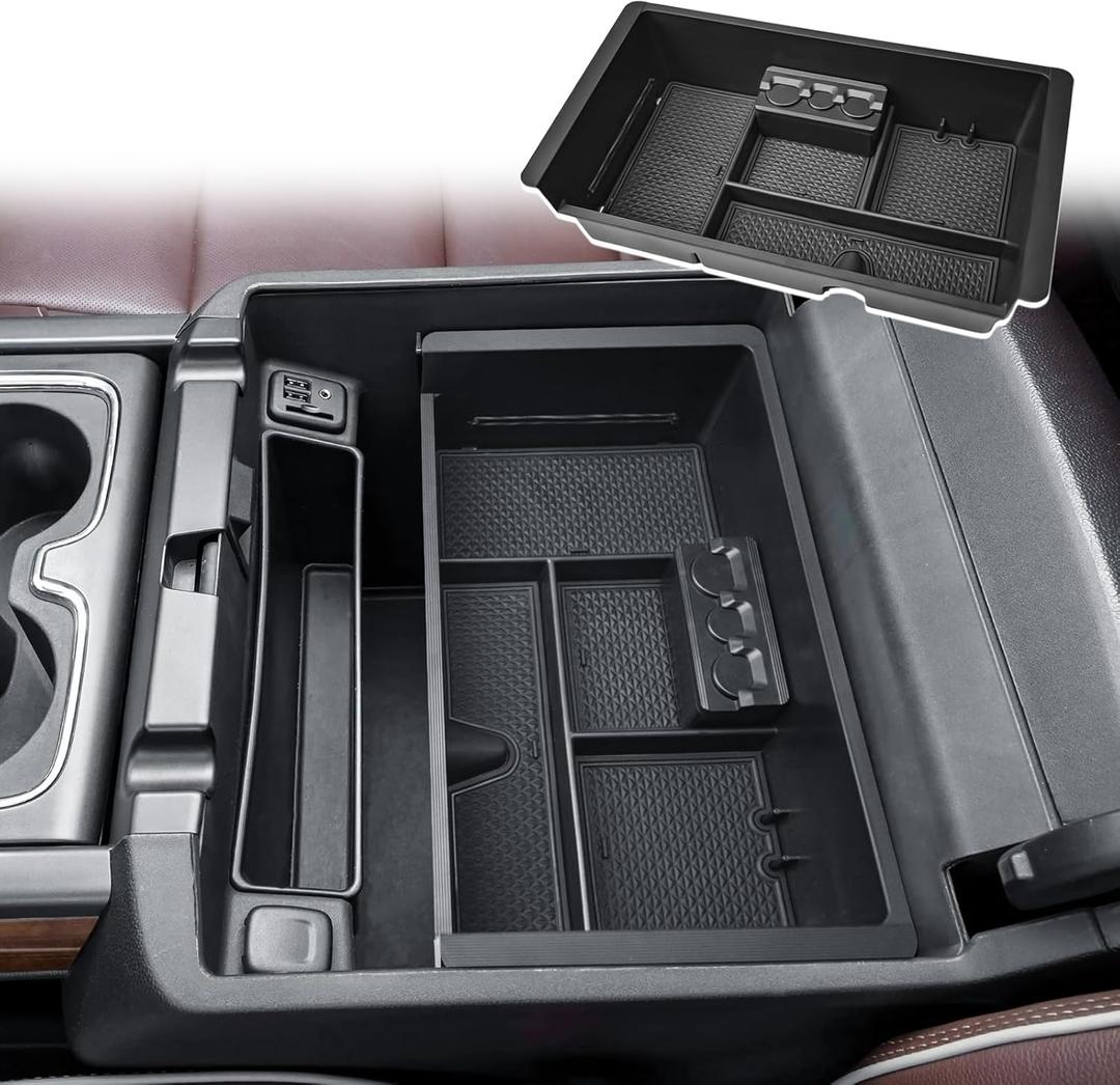 Center Console Organizer Tray Compatible with 2014-2018 Chevy Silverado/GMC Sierra 1500 and 2015-2019 2500HD/3500HD Accessories & 2015-2020 Tahoe/Suburban/Yukon/Yukon XL, Armrest Storage Box Black