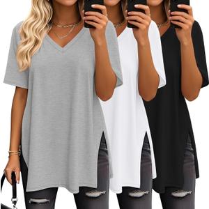Huukeay 3 Pack Oversized Shirts for Women V Neck Workout T Shirt Casual Side Split Tee Short Sleeve Loose Tops Tunic Tops (Medium, Black, White, Gray)