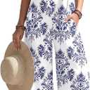 Ekouaer Womens Causal Sleeveless Jumpsuits Summer Boho Wide Leg Floral Rompers Overalls with Pockets, Medium