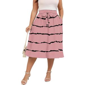 Xpenyo Womens Plus Size Midi Skirts Summer Elastic High Waisted Boho Casual Beach Flowy Swing Knee Length Skirts with Pockets (Pink, XXXL)