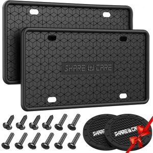 2 Pack Silicone License Plate Frame, Front Back License Plate Cover, License Plate Bracket Holder Rust-Proof Rattle-Proof Weather-Proof for US CA Standard Car & 2Pcs Water Coaster (Black)