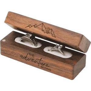 Engraved Flip Wooden 2 Ring box for wedding -Rustic Vintage Solid Wood rectangle Jewelry Storage Box (Brown)