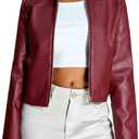 MakeMeChic Women's Crop Faux Leather Jacket Vintage Long Sleeve Collar Zip Up Biker Motorcycle Jackets Coats (Burgundy)