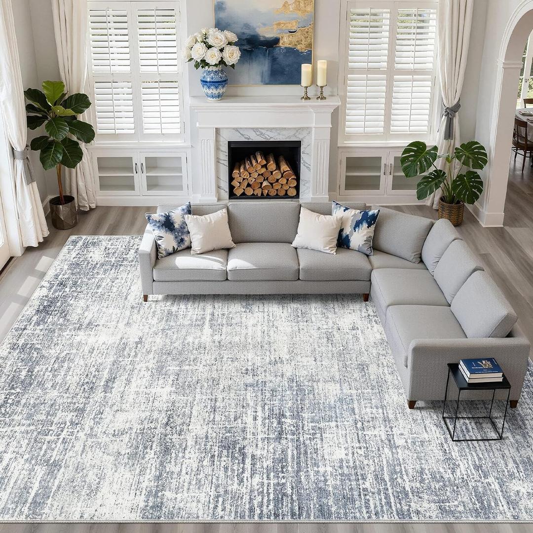 10x12 Area Rug Living Room: Washable Large Neutral Blue Rugs Abstract Soft Modern Stain Resistant Indoor Floor Non-Slip Carpet for Bedroom Nursery Kids Office Playroom Dining Room Under Table Home